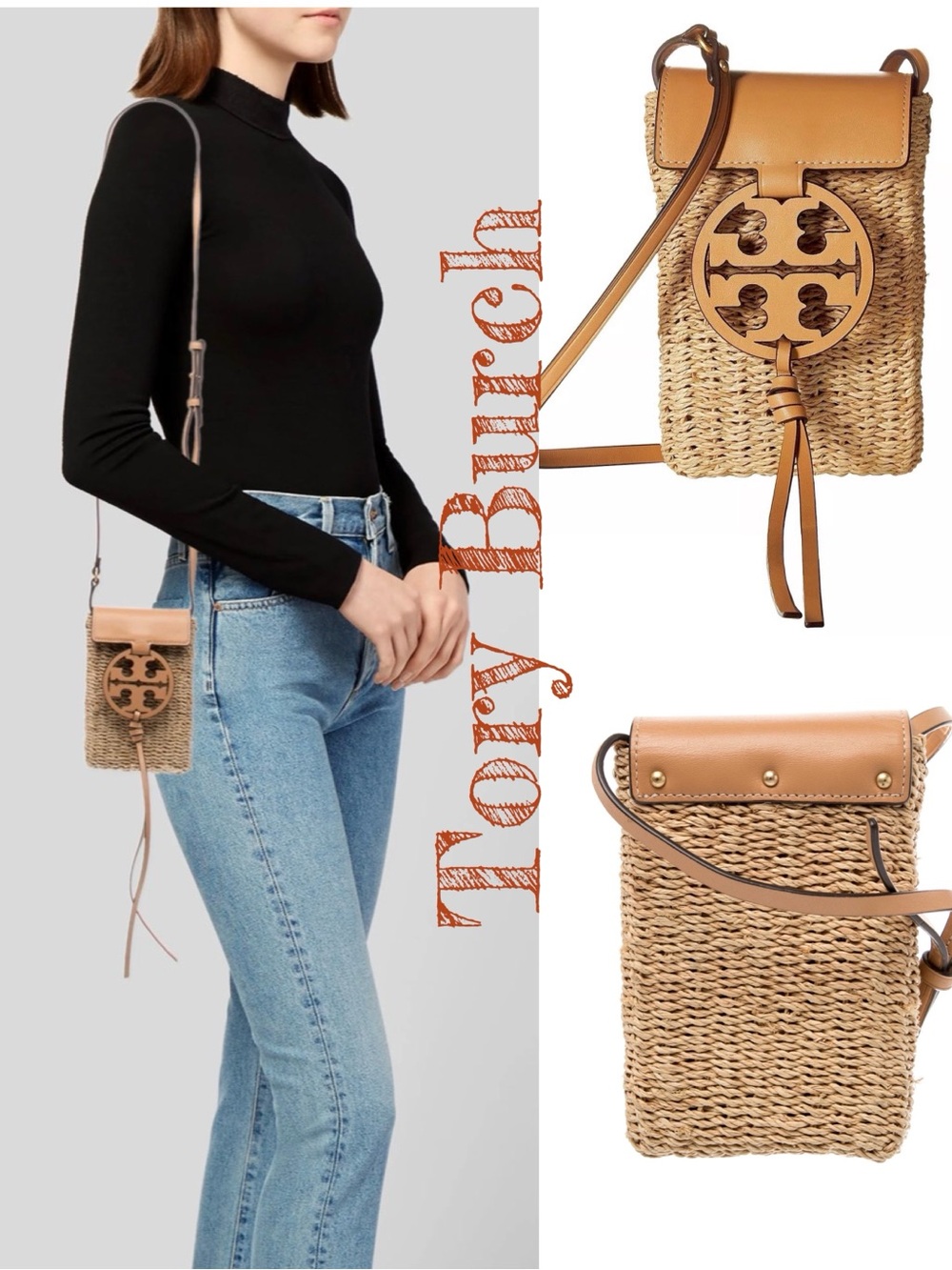Tory Burch Neutrals Straw Logo Phone Crossbody